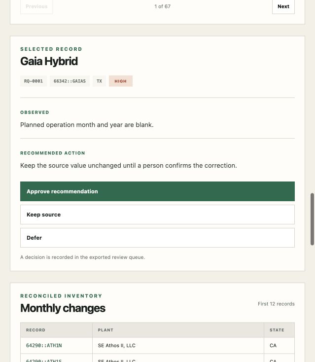 Onboard selected record view with observed value, recommended action, and decision controls