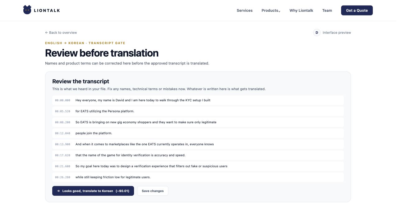 Current white Liontalk transcript review screen showing eight editable Whisper cues from the Persona video