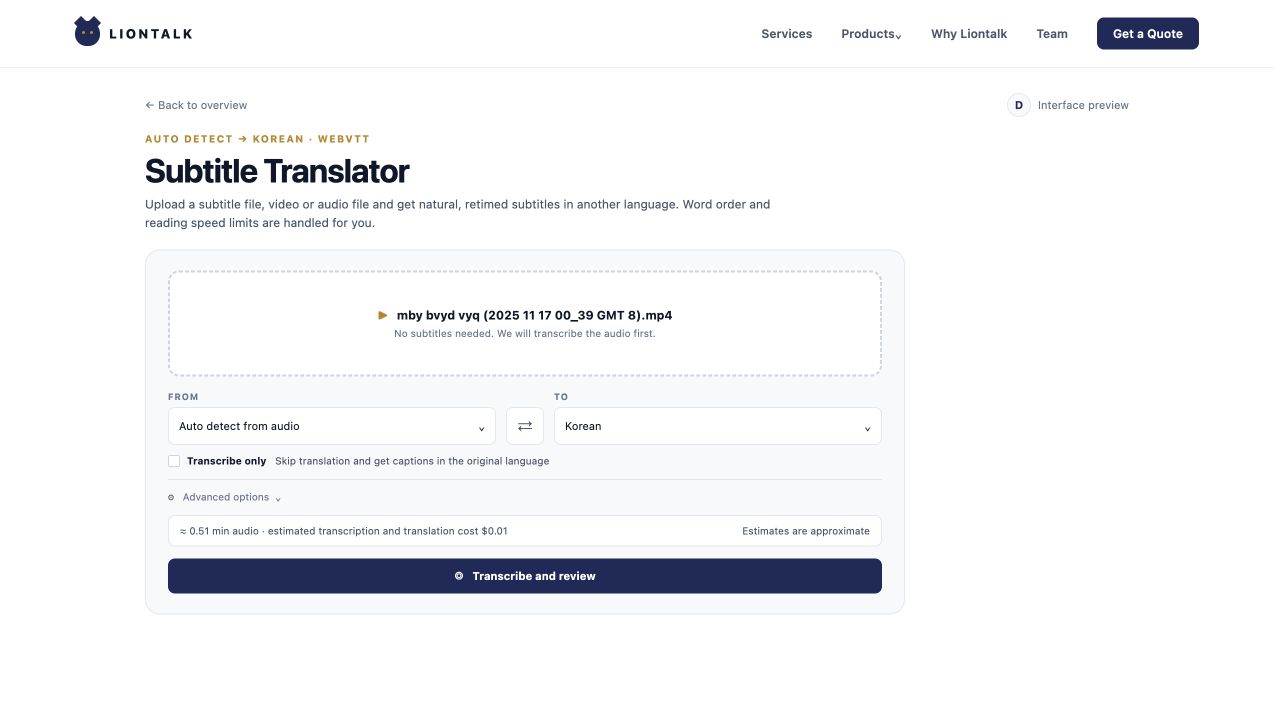 Current white Liontalk upload screen with the Persona video, automatic language detection, Korean target, cost estimate and transcript review action selected
